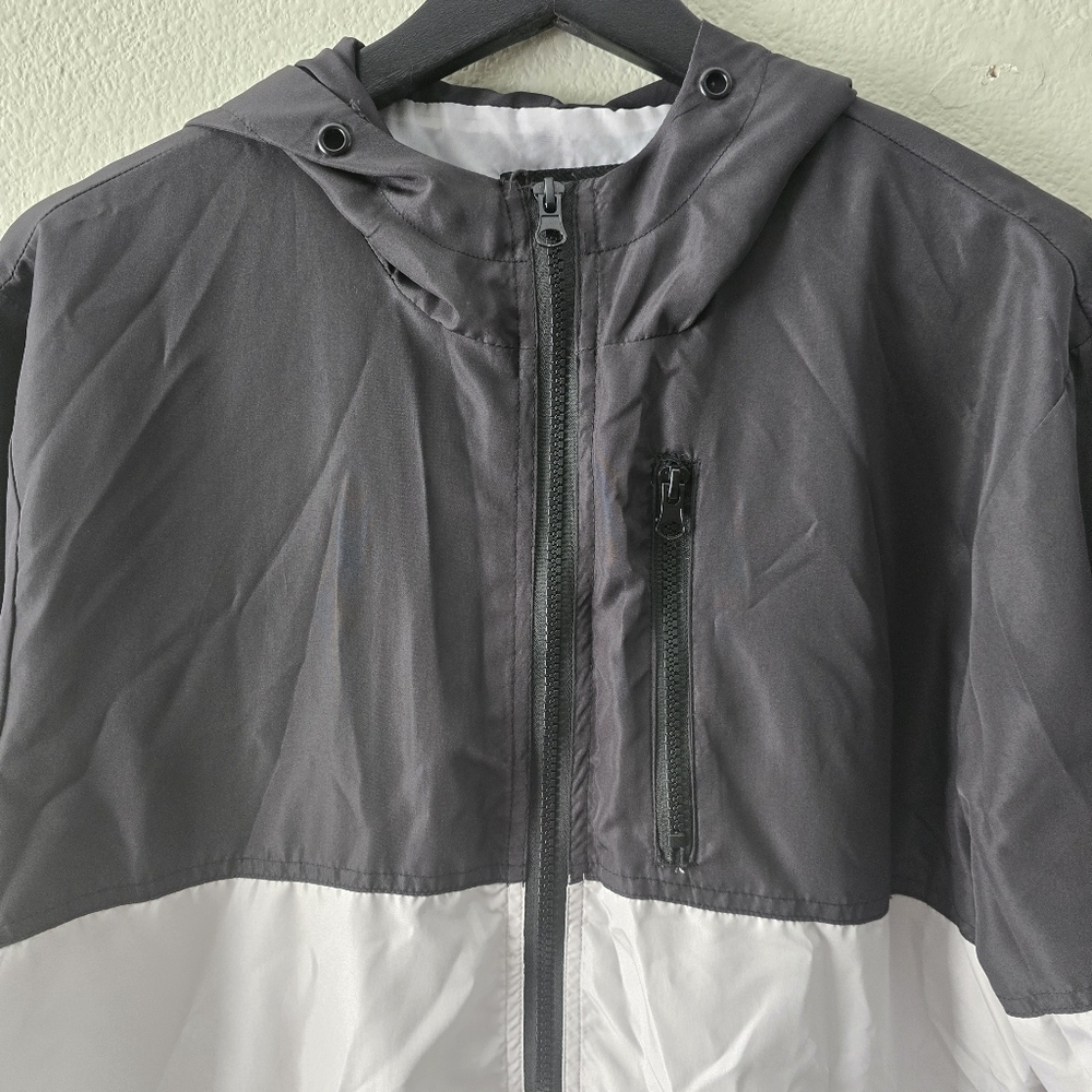 RSQ Colorblock Windbreaker Jacket Mens Medium Black Gray Y2K Streetwear Zip Hood - Picture 4 of 11